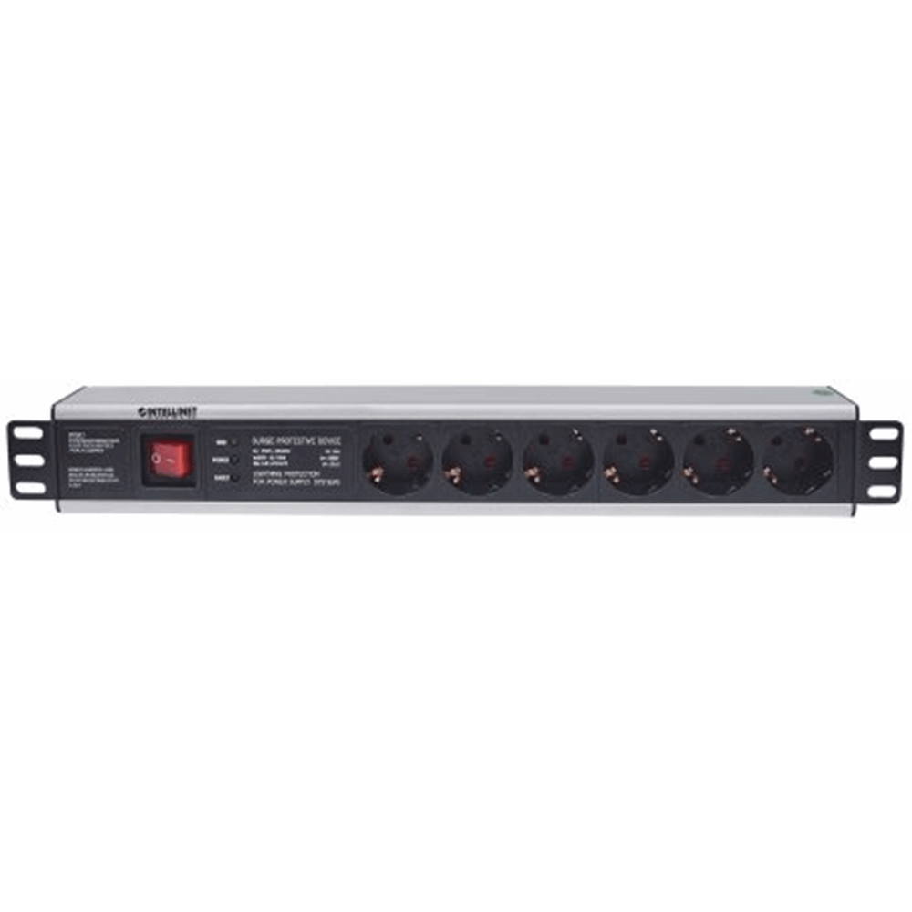 19" 1.5U Rackmount 6-Output Power Distribution Unit (PDU), EU CEE 7/3 Outlets, With On/Off Switch and Surge Protection, Built-in 3 m (10 ft.) Power Co
