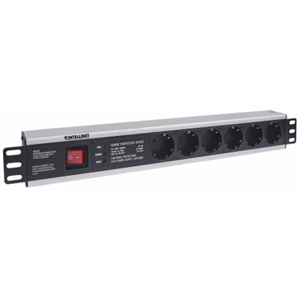 19" 1.5U Rackmount 6-Output Power Distribution Unit (PDU), EU CEE 7/3 Outlets, With On/Off Switch and Surge Protection, Built-in 3 m (10 ft.) Power Co