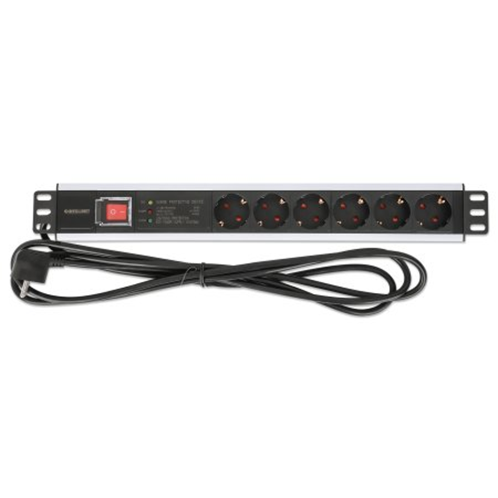 19" 1.5U Rackmount 6-Output Power Distribution Unit (PDU), EU CEE 7/3 Outlets, With On/Off Switch and Surge Protection, Built-in 3 m (10 ft.) Power Co