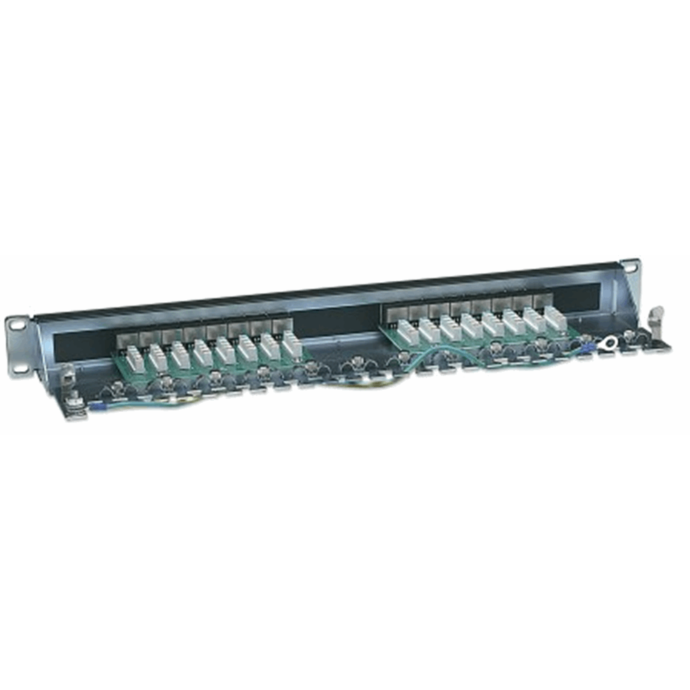 Cat6 Shielded Patch Panel, 16-Port, FTP, 1U, 90° Top-Entry Punch-Down Blocks, Black
