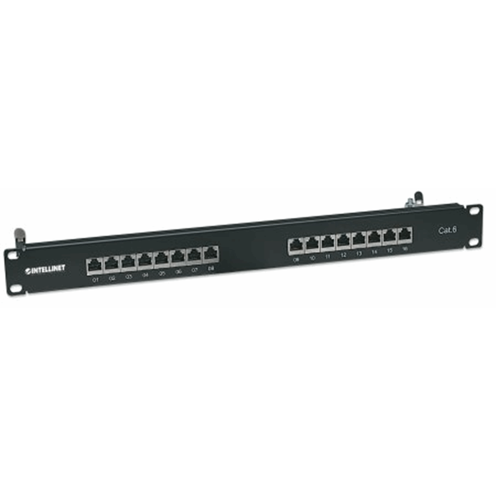 Cat6 Shielded Patch Panel, 16-Port, FTP, 1U, 90° Top-Entry Punch-Down Blocks, Black