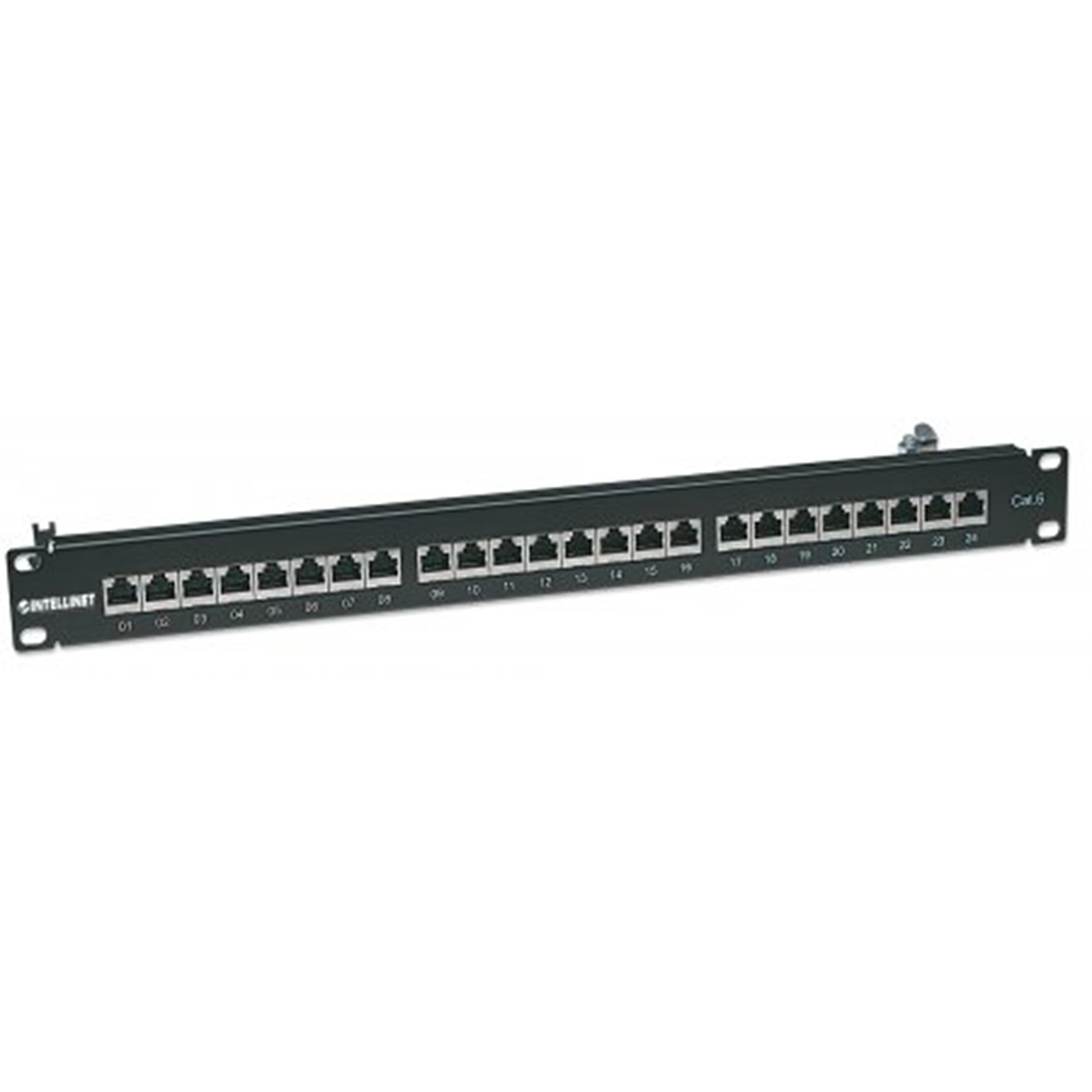 Cat6 Shielded Patch Panel, 24-Port, FTP, 1U, 90° Top-Entry Punch-Down Blocks, Black