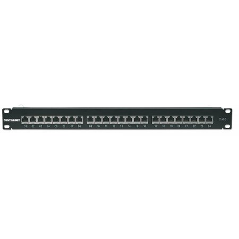 Cat6 Shielded Patch Panel, 24-Port, FTP, 1U, 90° Top-Entry Punch-Down Blocks, Black
