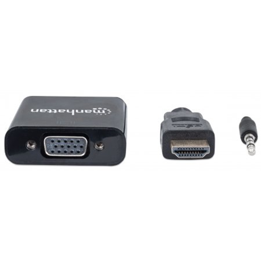 HDMI to VGA Converter , HDMI Male to VGA Female, with Audio, Optional USB Micro-B Power Port, Black, Retail Packaging