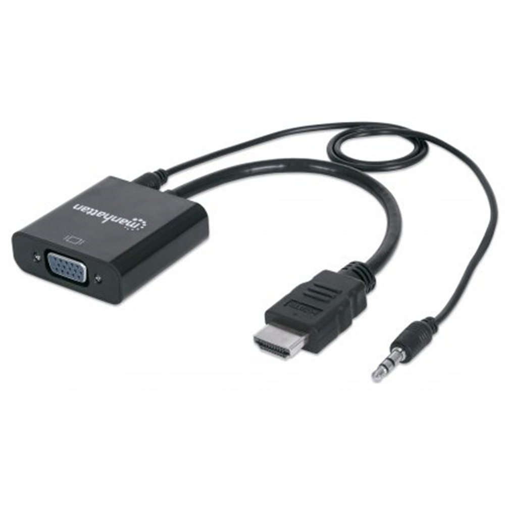 HDMI to VGA Converter , HDMI Male to VGA Female, with Audio, Optional USB Micro-B Power Port, Black, Polybag Packaging