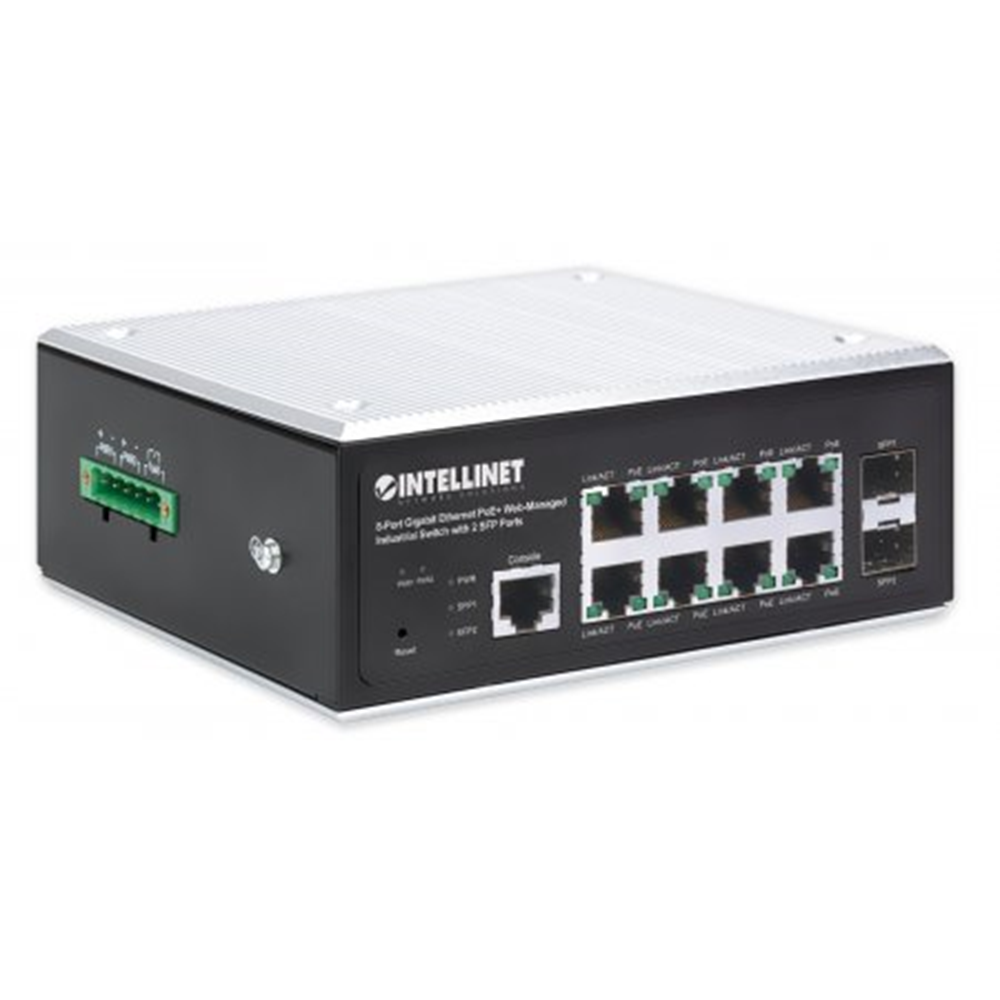 Industrial 8-Port Gigabit Ethernet PoE+ Layer 2+ Web-Managed Switch with 2 SFP Ports