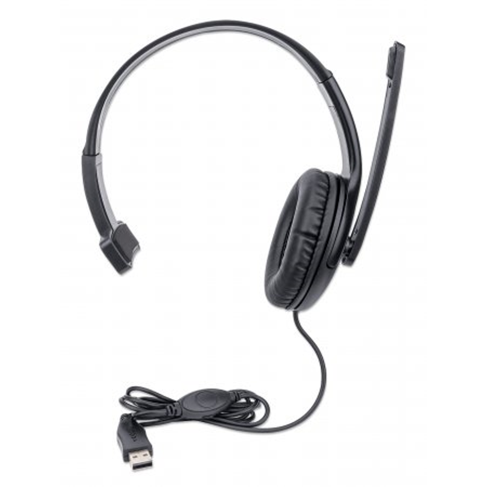 Mono USB Headset, Single-sided Over-ear Design, Wired, USB-A Plug, In-line Volume Control, Adjustable Microphone, Black, Retail Box