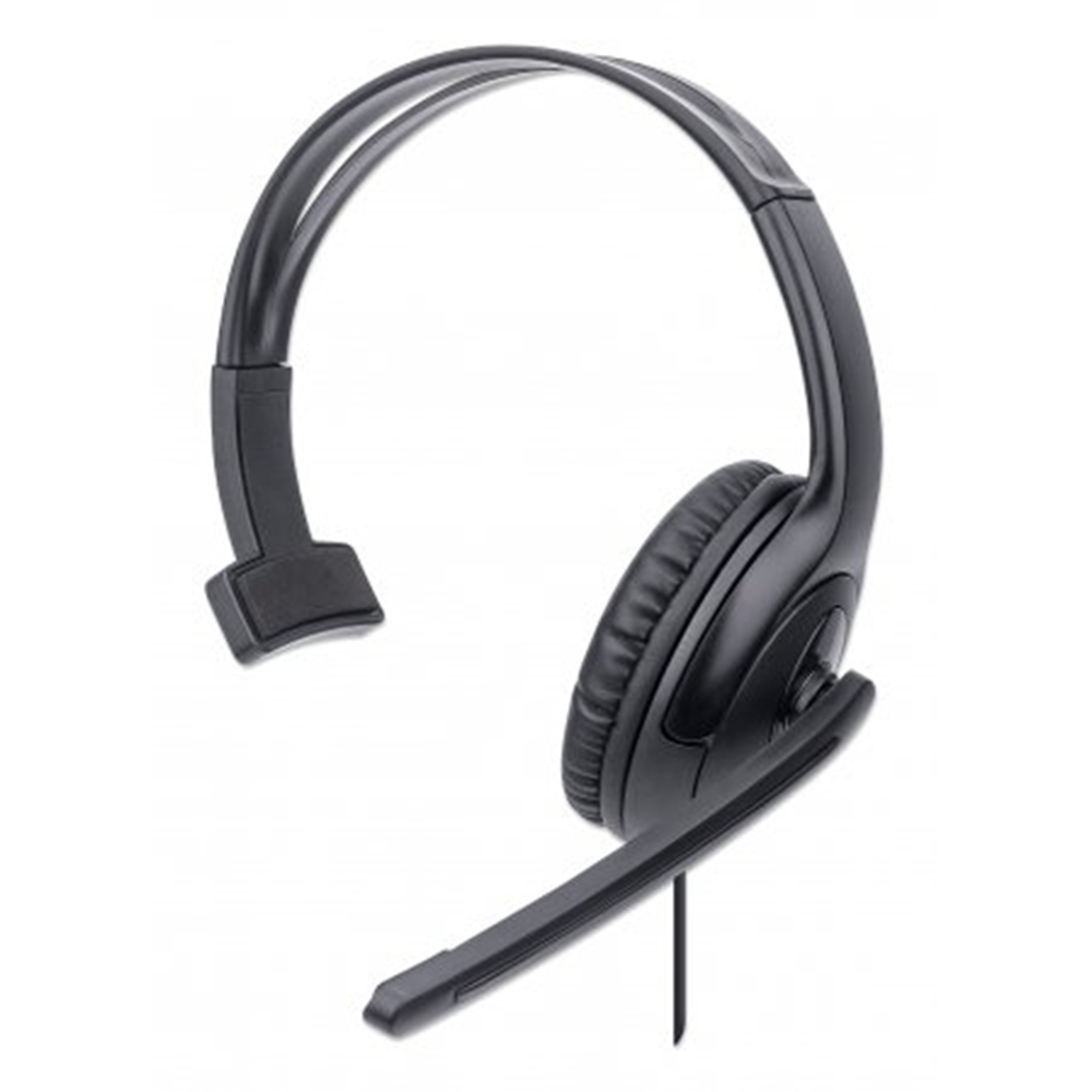 Mono USB Headset, Single-sided Over-ear Design, Wired, USB-A Plug, In-line Volume Control, Adjustable Microphone, Black