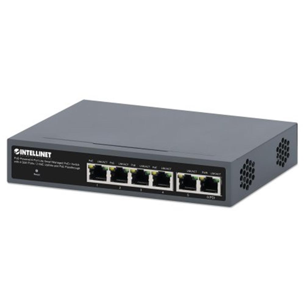 PoE-Powered 6-Port Lite Smart Managed PoE+ Switch with 4 GbE Ports / 2 GbE Uplinks and PoE Passthrough